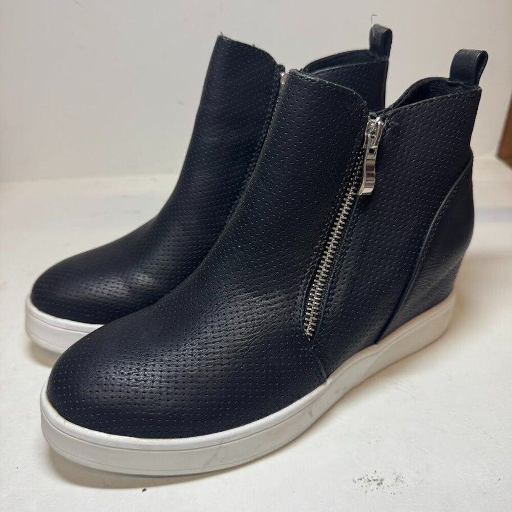Journee Collection Black Perforated Wedge Ankle Boots with White Sole